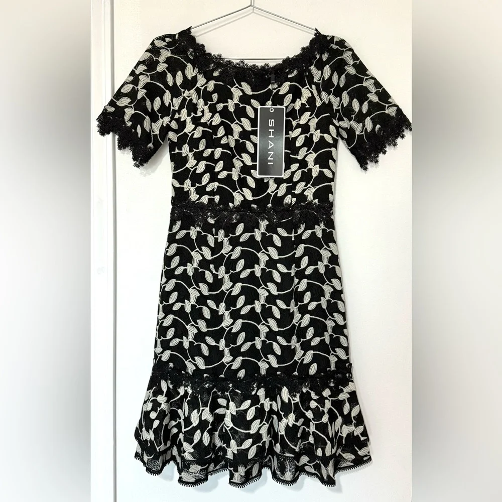 Shani NWT Black/White Two Tone Lace Bateau Neck Ruffle Hem Dress - Picture 2 of 10